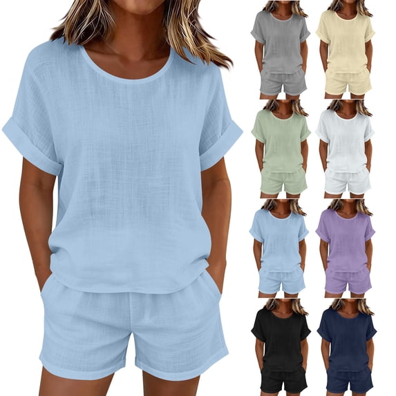 Zynoxe Womens Plus Size Short Sets Casual Cotton Linen Crew Neck Top and Shorts Matching Outfits with PocketsGrayS