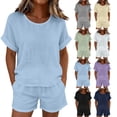 thumbnail image 1 of Zynoxe Womens Plus Size Short Sets Casual Cotton Linen Crew Neck Top and Shorts Matching Outfits with PocketsPurpleM, 1 of 7