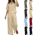thumbnail image 1 of Zynoxe Womens Plus Size Summer Sets Lounge Lapel Top Wide Leg Pants Business Casual Outfits Cotton Linen Peasant Gauze Matching Outfits ClothingDark Gray2XL, 1 of 9