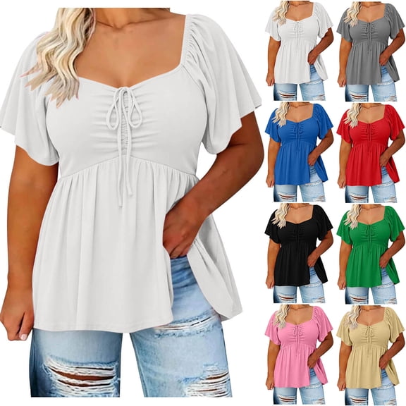 Zynoxe Womens Plus Size Tops Summer Square Neck Puff Short Sleeve Tops with Drawstring Casual Solid Color Flowy Breathable Beach Vacation Tops White L
