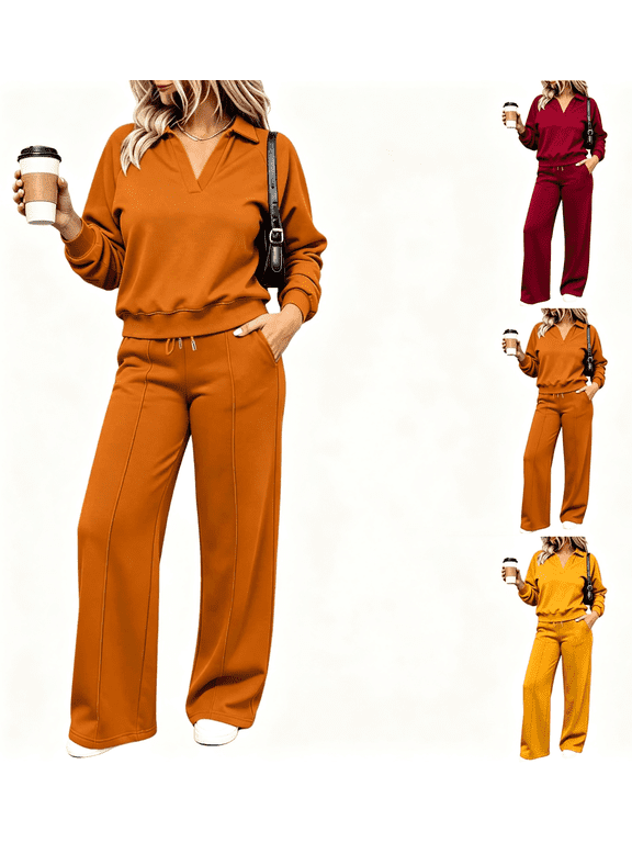 Womens Plus Size Tracksuit Set Casual V-neck Long Sleeve Sweatshirt and Pleated Wide Leg Pants Matching Sets Solid Color Comfy Lounge Sets