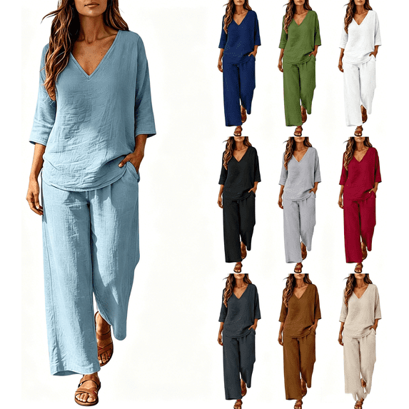 Zynoxe Womens Plus Size Two Piece Sets Cotton Linen V-neck Top Wide Leg Pants Summer Outfits Peasant Gauze Lounge Sets with PocketsNavyS