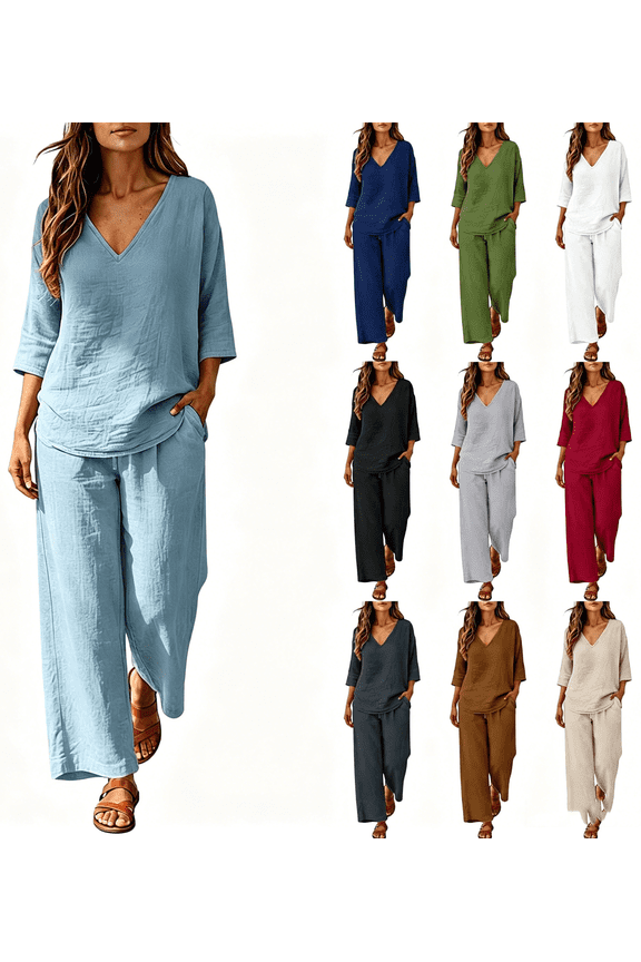 Womens Plus Size Two Piece Sets Cotton Linen V-neck Top Wide Leg Pants Summer Outfits Peasant Gauze Lounge Sets with PocketsWhite5XL