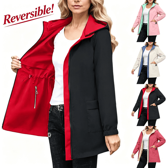 Zynoxe Womens Reversible Rain Jacket Outdoor Inner Waist Cinch Drawcord Hooded Plus Size Rain Coats with Pockets Fall Waterproof Hiking Windbreaker Beige 2XL