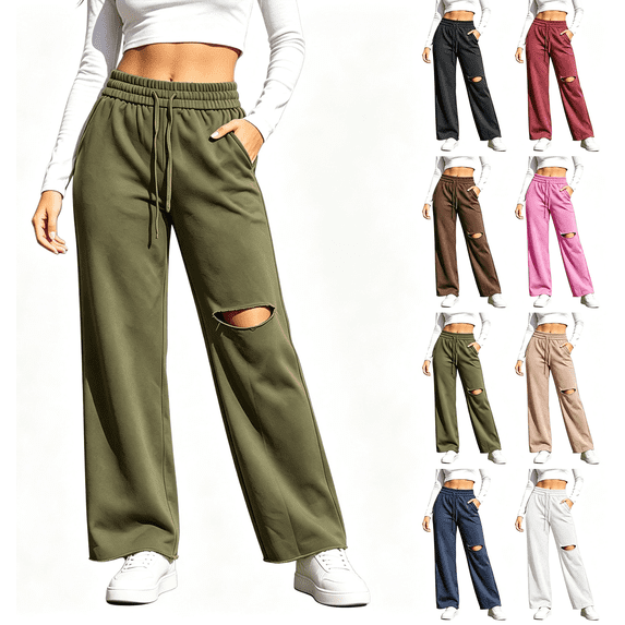 Zynoxe Womens Ripped Sweatpants Solid Color Straight Drawstring Elastic Waist Wide Leg Trousers Breathable Plus Size Casual Pants with Pockets Wine S