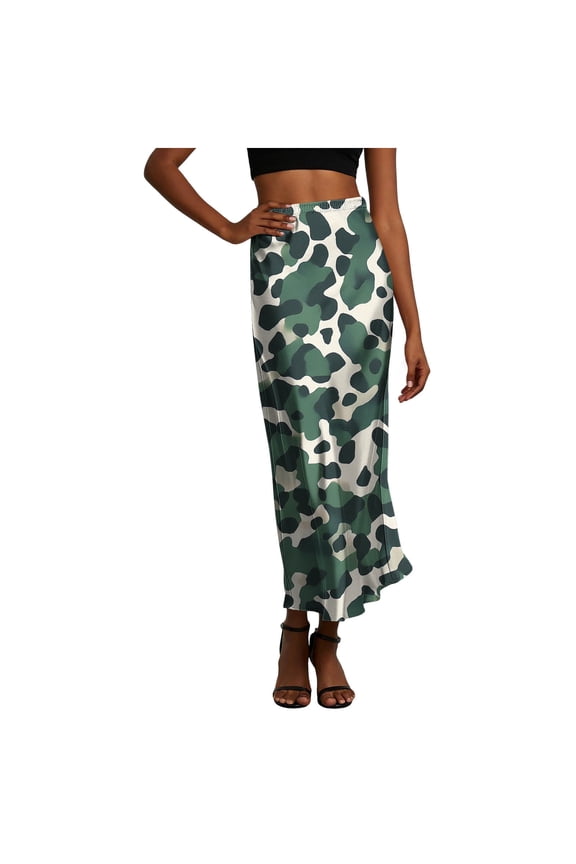 Womens Satin Midi Skirt Trendy Camo Printed Slim Elastic High Waist Cotton Linen Skirts Casual Streetwear Outdoor Travel Vacation Cute Skirts Army Green M