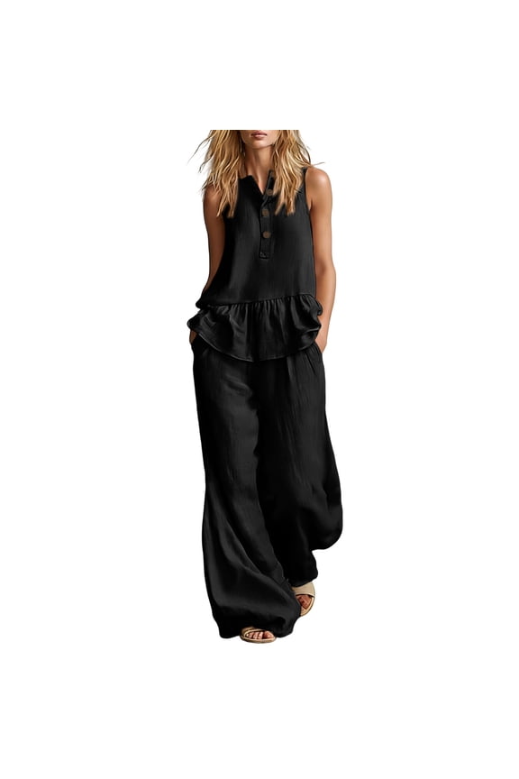 Womens Sets 2 Piece with Pockets Trendy Button Up V Neck Sleeveless Tank Top Wide Leg Pants Suit Breathable Lightweight Ruffle Hem Lounge Set Versatile Casual Solid Color Summer Sets M