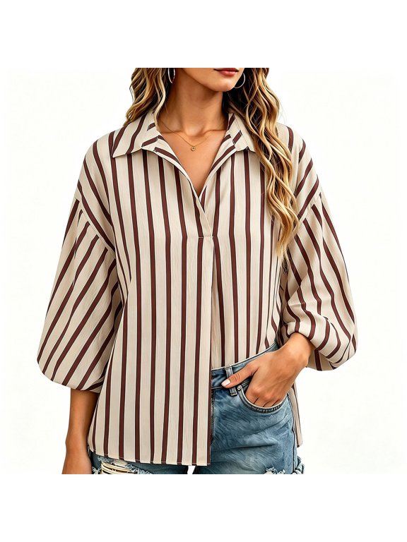 Womens Shacket Loose Fit Striped Lapel 3/4 Flare Sleeves Outwear Jacket with Pockets Outdoor Lightweight Vintage Casual Shirt Jacket Beige L