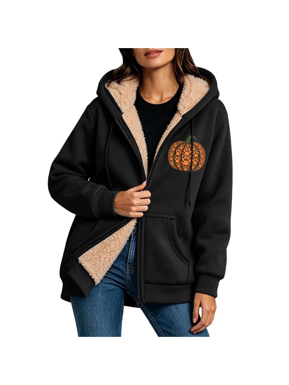 Womens Sherpa Lined Sweatshirts Winter Warm Halloween Printed Zip Up Drawstring Hoodies with Pockets Casual Soft Comfortable Fleece Jackets