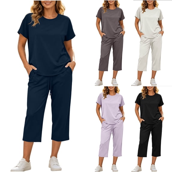 Zynoxe Womens Solid Color Lounge Sets Casual Crew Neck Short Sleeve Tops and Drawstring Capri Pants Tracksuit Sets Breathable Soft Two Piece Outfits