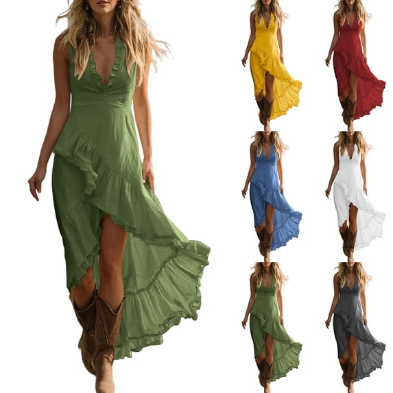 Zynoxe Womens Summer Dresses Trendy Solid Ruched Deep V neck Sleeveless Tank Midi Dresses Casual Ventilate Comfortable Vacation Beach Dresses Blue L