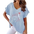 thumbnail image 1 of Zynoxe Womens Summer Tops Casual Cotton Linen V-neck Short Sleeves Printed Plus Size Tops for Women Solid Color Trendy Loose Flowy Ventilate Peasant Gauze Basic Womens Tees Blue S, 1 of 4