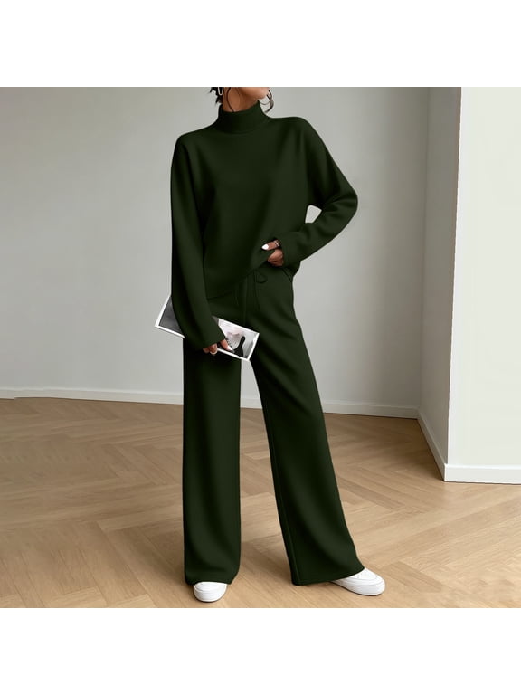 Womens Sweat Suits 2 Piece Set Comfort High Crew Neck Long Sleeve Sweatshirt Drawstring High Waist Wide Leg Pants Suit Lightweight Track Suits Casual Solid Color Lounge Sets M