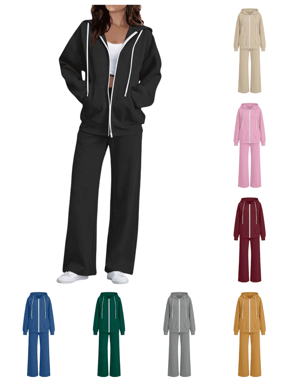 Womens Sweat Suits 2 Piece Set Zip Up Drawstring Hooded Sweatshirt & Wide Leg Pants Versatile Solid Color Casual Tracksuit Set Fashionable Vacation Outfits for Women with Pockets Gray M