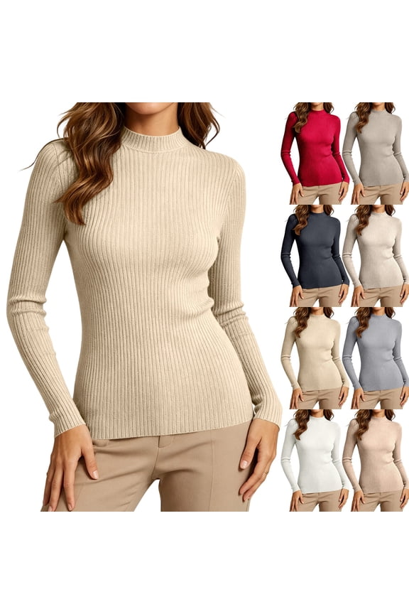 Womens Sweater Fall Stretchy Soft Vertical Rib Knit Mock Collar Long Sleeve Tops Casual Slim Fit Breathable Versatile Pullover Bodycon Tops Beige 2XL
