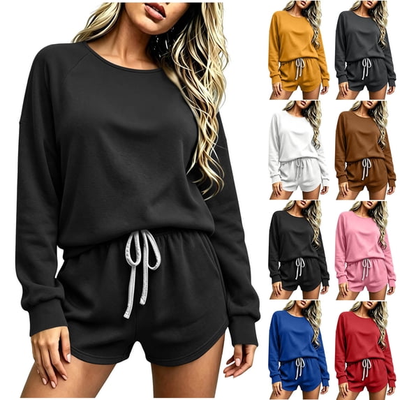 Zynoxe Womens Sweatsuits 2 Piece Set Comfort Crew Neck Long Sleeve Sweatshirt & Elastic Drawstring Shorts Suit Set Fashion Solid Color Casual Track Suits with Pockets L