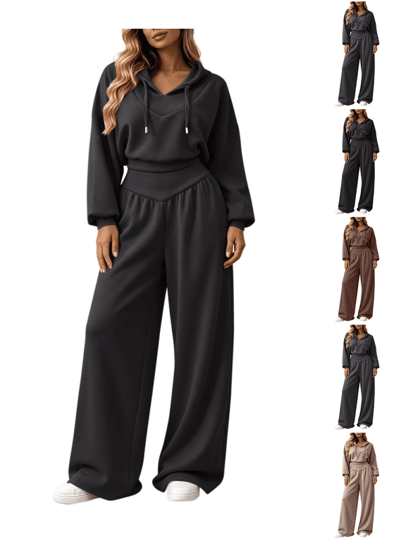 Womens Sweatsuits 2 Piece Set Comfort Drawstring Hooded Sweatshirt & Elastic High Waist Wide Leg Pants Suit Versatile Casual Track Suits Fashion Solid Color Suit Set with Pockets S