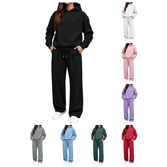 Zynoxe Womens Sweatsuits 2 Piece Set Long Sleeve Hooded Sweatshirt & Elastic Drawstring Waist Sweat Pants Suit Versatile Solid Color Tracksuit Set Lightweight Fall Winter Suit Set with Pockets Pink L