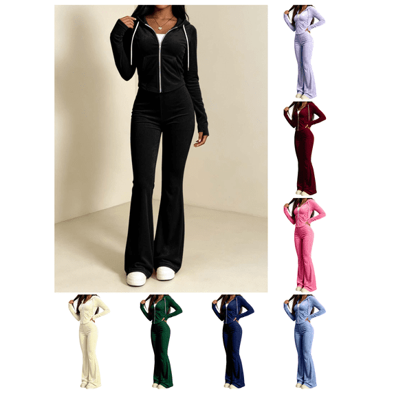 Zynoxe Womens Sweatsuits 2 Piece Set with Pockets Long Sleeve Zip Hoodie Top & Full Length Flare Pants Suit Comfy Velour Womens 2 Piece Outfits Versatile Solid Color Sweat Suits for Womens Pink XL
