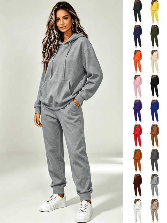 Womens Sweatsuits 2 Piece Set with Pockets Relaxed Long‑Sleeve Drawstring Hoodie & Jogger Pants Suit Lightweight Hooded Sweatshirt Tracksuit Set Fashion Solid Color Lounge Sets Gray XL