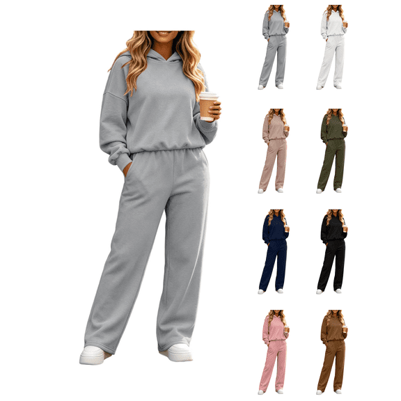Zynoxe Womens Sweatsuits 2 Piece Set Relaxed Long Sleeve Hooded Sweatshirt & Elastic Waist Wide Leg Pants Suit Casual Loose Solid Color Lounge Sets Lightweight Tracksuit Set with Side Pockets S