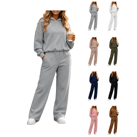 Zynoxe Womens Sweatsuits 2 Piece Set Relaxed Long Sleeve Hooded Sweatshirt & Elastic Waist Wide Leg Pants Suit Casual Loose Solid Color Lounge Sets Lightweight Tracksuit Set with Side Pockets S