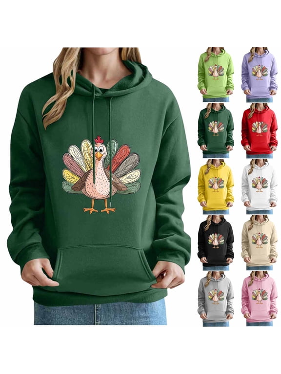 Womens Thanksgiving Hoodies Trendy Cute Turkey Graphic Long Sleeve Sweatshirt with Kangaroo Pocket Casual Pullover Soft Fleece Jacket Khaki S