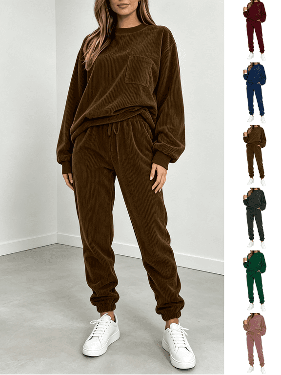 Womens Track Suits 2 Piece Set Classic Crew Neck Long Sleeve Sweatshirt & Drawstring Jogger Pants Suit Comfort Corduroy Sweatsuits for Women Fashion Solid Color Lounge Sets with Pockets M