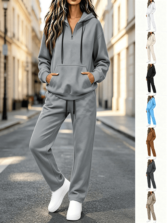 Womens Track Suits 2 Piece Set with Pockets Drawstring Long Sleeve Half Zip Hooded Sweatshirt & Straight Leg Sweatpants Pants Set Fashion Solid Color Jogging Sweatsuits for Women Blue 2XL