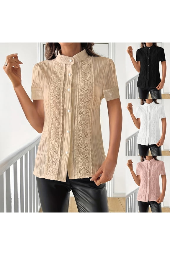 Womens Trendy Summer Tops Crochet Knit Striped Round Neck Short Sleeve Tops Boho Embroidered Button Down Cute Blouses Dressy Casual Pink S