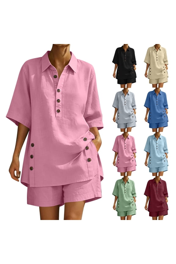 Womens Two Piece Linen Outfits Trendy Button Side Split Lapel Top and Shorts Sets Summer Lounge Business Matching Outfits ClothingGray3XL
