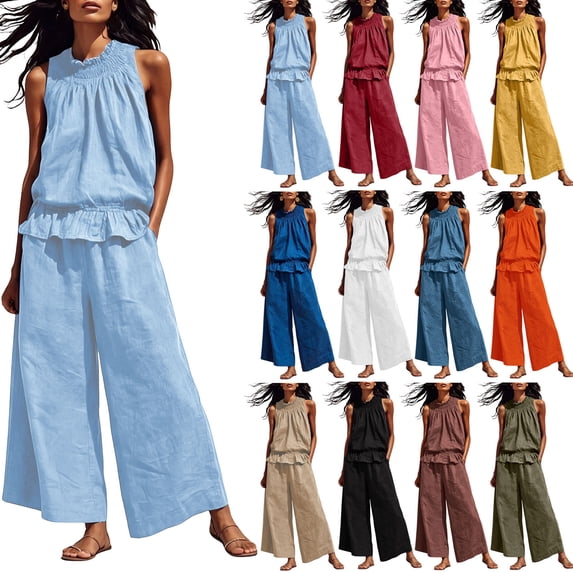 Zynoxe Womens Two Piece Linen Sets Lounge Ruffled Tank Top Wide Leg ...
