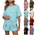 thumbnail image 1 of Zynoxe Womens Two Piece Outfits Fashion 2026 Drawstring Elastic Waist Shorts and Short Sleeve Top Solid Color Summer Lounge Sets with Pockets Purple S, 1 of 7