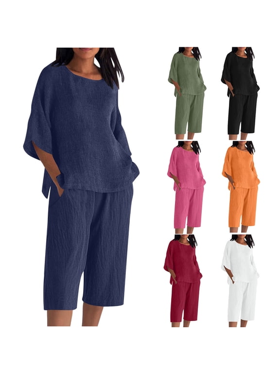 Womens Two Piece Set with Pockets Fashion Crew Neck 3/4 Sleeve Top Elastic Waist Capri Shorts Suit Lightweight Breathable Split Side Vacation Outfits Plus Size Solid Color Summer Sets L