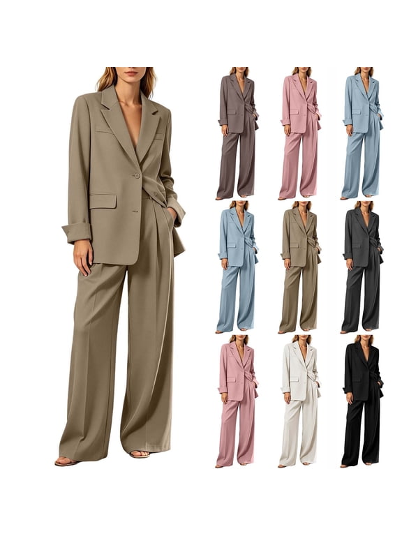 Womens Two Piece Sets Classic Notched Lapel Blazer Pleated Wide Leg Long Pants Suit Versatile Solid Color Business Casual Suit Set Lightweight Wrinkle-Resistant Women Suits with Pockets L