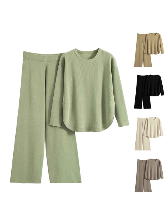 Womens Two Piece Sets Comfort Knit Round Neck Top Elastic Waistband Wide Leg Pants Suit Versatile Solid Color Lounge Sets for Women Fashionable Plus Size Solid Color Outfits Set Free Size