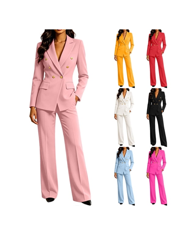 Womens Two Piece Sets with Pockets Elegant High-End Lapel Double-Breasted Blazer Straight Leg Trousers Set Lightweight Womens Suit Set Trendy Versatile Solid Color Business Suit M