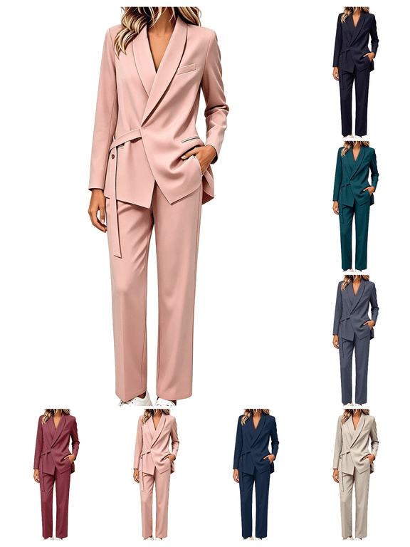 Womens Two Piece Suit Sets Fashion Shawl Lapel Belted Wrap Blazer and Straight Dress Pants Matching Sets Loose Fit Plus Size Business Casual Outfit