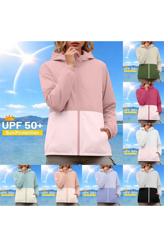 Womens UPF 50+ Sun Protection Jacket Outdoor Color Block Lightweight Hooded Sun Shirt with Pockets Black M