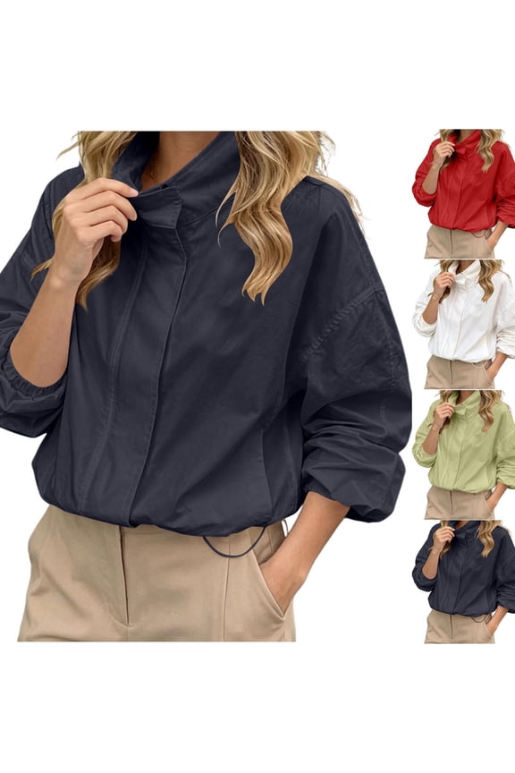 Womens Windbreaker Jacket Fall Lightweight Stand Collar Zip Up Drawstring Hem Short Commute Coat with Pockets Loose Versatile Casual Outerwear Red M