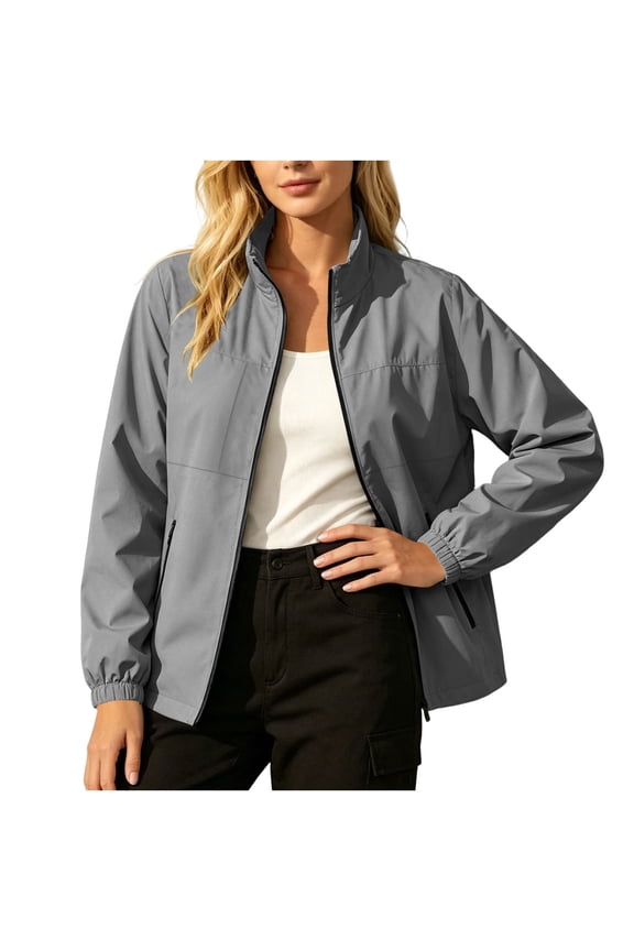 Womens Windbreaker Jacket Outdoor Stand Collar Zip Up Straight Relaxed Rain Jacket with Pockets Trendy Hiking Sports Raincoat for Daily Wear Gray XL