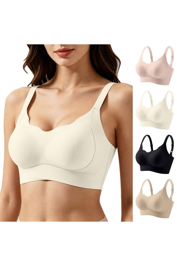 Womens Wireless Bras Soft Full Coverage Vertical Ribbed Adjustable Straps Tshirt Bras Seamless Supportive Push Up Padded Everyday Bra White M