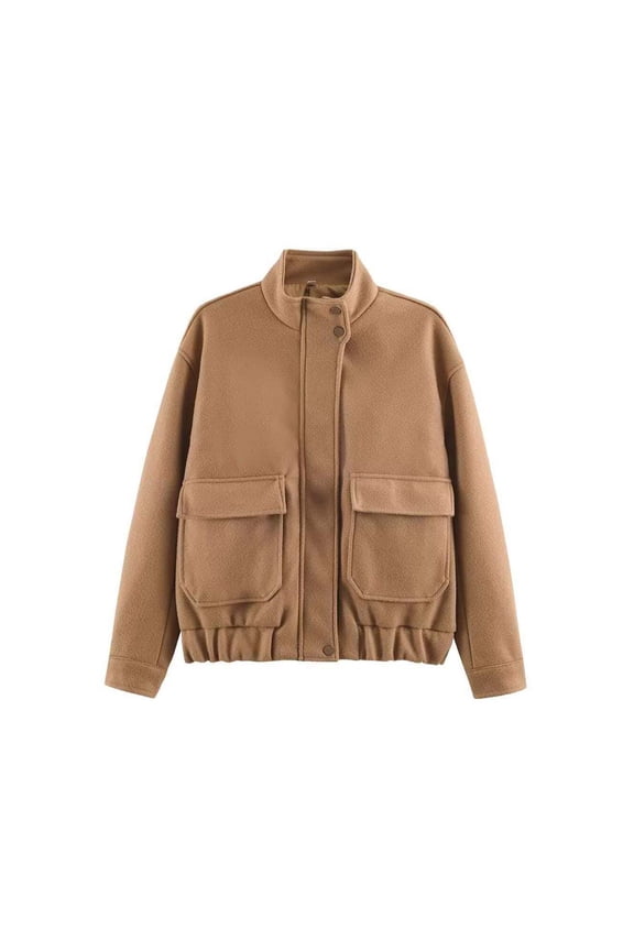 Womens Wool Blend Bomber Jacket Winter Stand Collar Zipper Ruched Hem Layering Jacket with Pockets Versatile Relaxed Casual Coat Khaki M