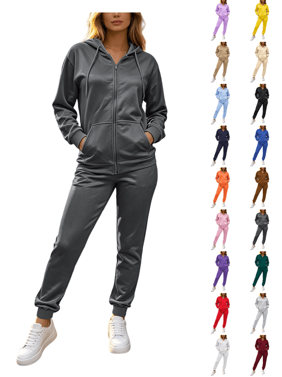 womens sweatsuits 2 piece set classic zip up hooded sweatshirt & elastic drawstring waist jogger sweat pants suit plus size fleece track suits versatile solid color suit set with pockets M