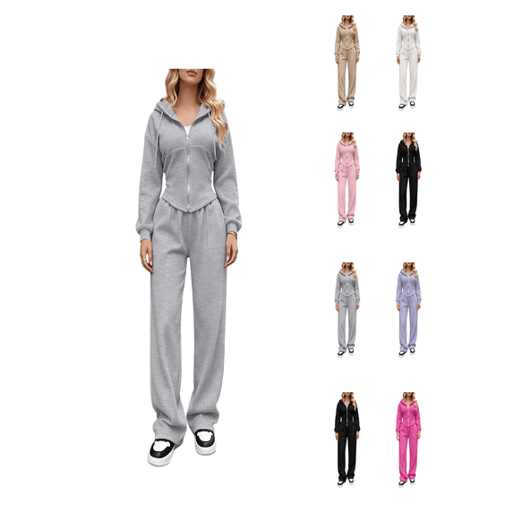 Zynoxe womens sweatsuits 2 piece set drawstring zip up hoodie elastic waist long sweatpants suit trendy versatile womens track suits casual solid color fall outfits with pockets S
