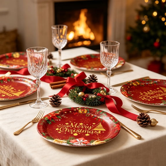 Zynviq 10pc Christmas Paper Plates 9in Christmas Tree Disposable Paper Plates Paper Round Red Reusable Party Supplies And Decorations