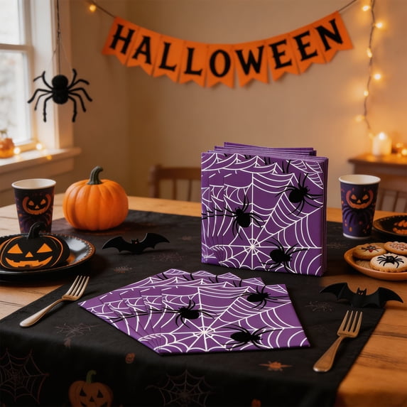 Zynviq 24pc Halloween Paper Plates 6.7in Spider Web Disposable Paper Plates Paper Reusable Round Purple Party Supplies And Decorations