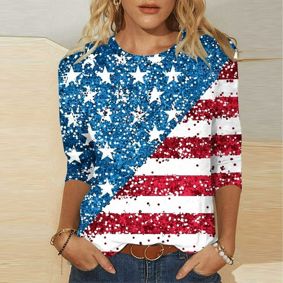 Zynviq 4th of July Top for Women 3/4 Sleeve USA Flag Relaxed Fit T-Shirts Women Spring outfits 2025,4XL