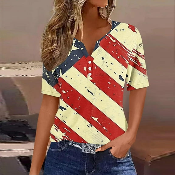 Zynviq 4th of July Women's Shirts Tops 3/4 Sleeve Henley V Neck Button T Shirts Tunic for Women,S