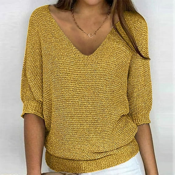 Zynviq 70s Tops for Ladies 3/4 Sleeve V Neck Knited Yellow Solid Classic T Shirts Womens Spring Fashion 2025 M